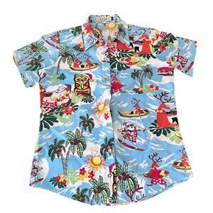SSLR Women’s Size Small Hawaiian Button Up Shirt Tiki Christmas Santa Reindeer